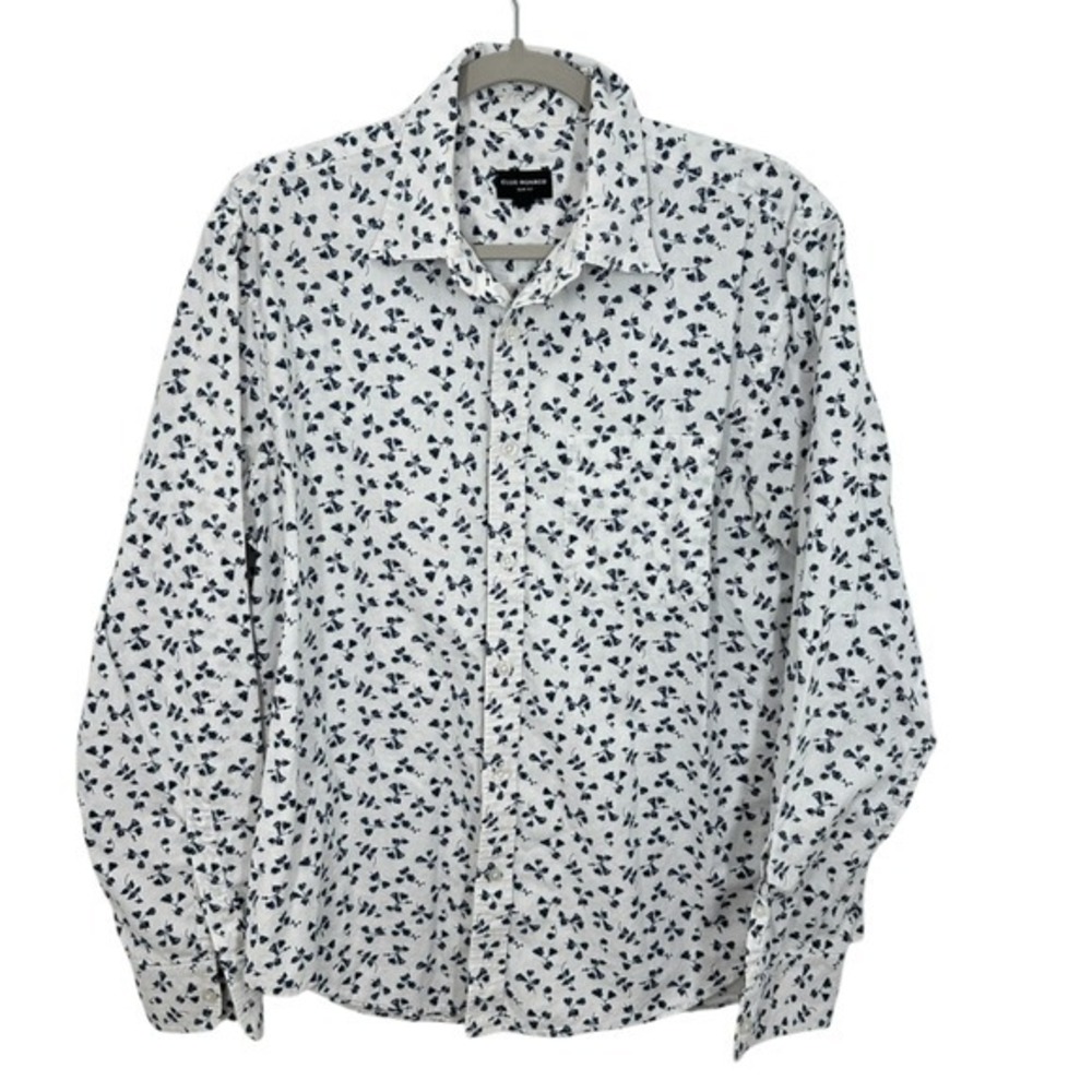 CLUB MONACO Men's Large Slim Fit White Blue Floral Long Sleeve Button Up Shirt